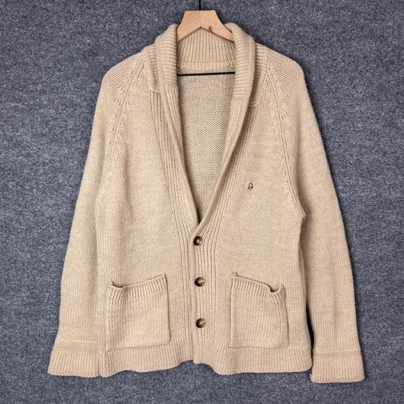 Vintage Christian Dior Mens Shawl Collar Cardigan Sweater Beige Knit Logo L
